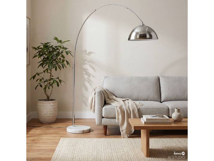 Lampadaire GLARO 45 x 200 x 112cm Argenté/Argenté Piètement : Fer poli / Marbre Abat-jour : Fer poli E27