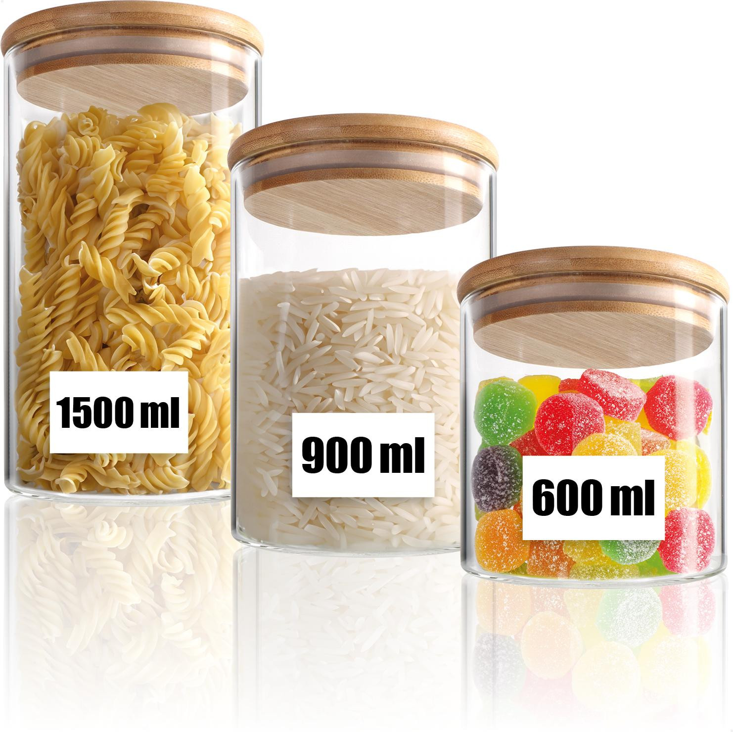 COM-Four 3-delige set voorraadpotten van borosilicaatglas met bamboe deksels
