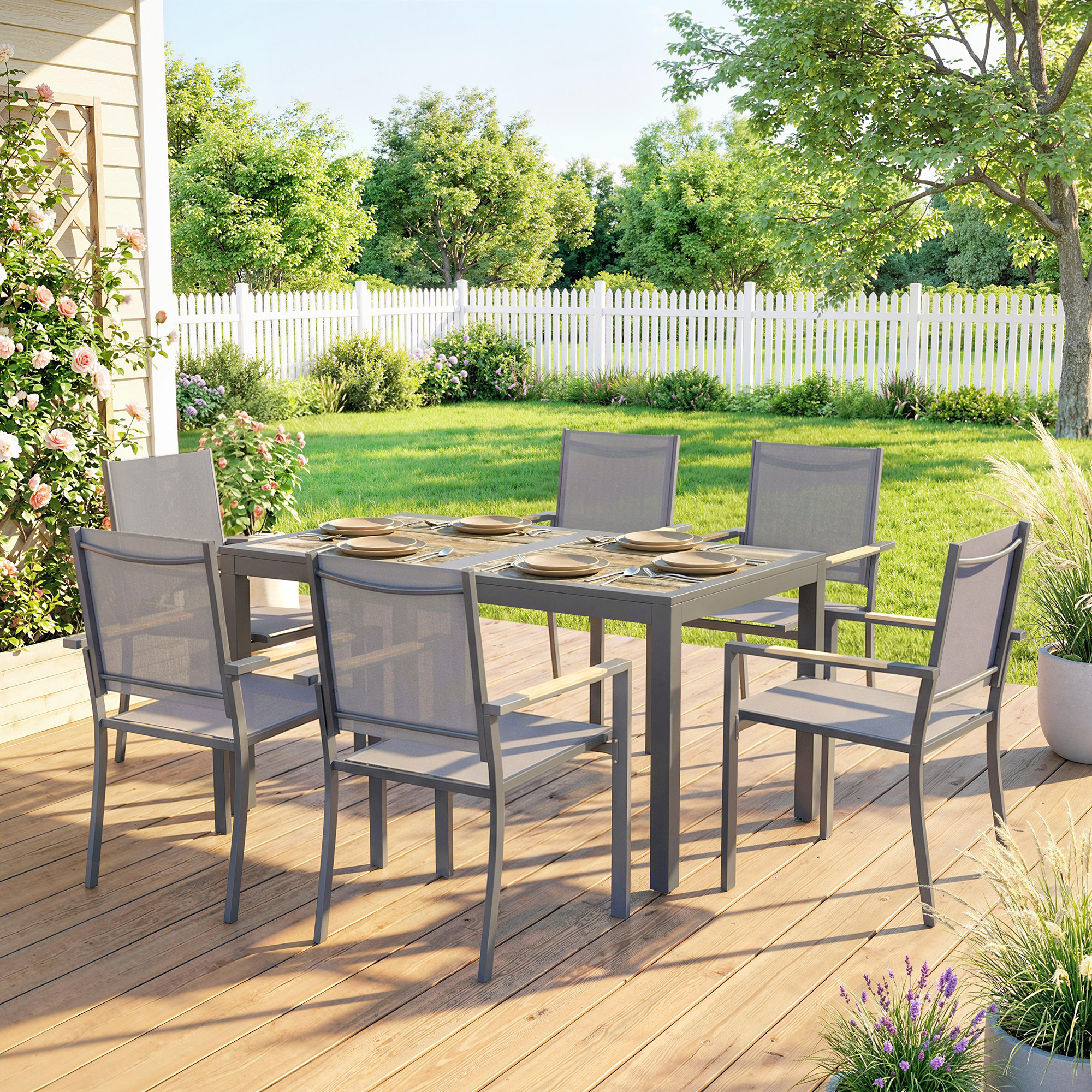 Outsunny Set da Pranzo Esterno per 6 Persone, Tavolo e Sedie, Sedie Impilabili in Rete e Tavolo Effetto Legno, Grigio Scuro   Aosom Italy