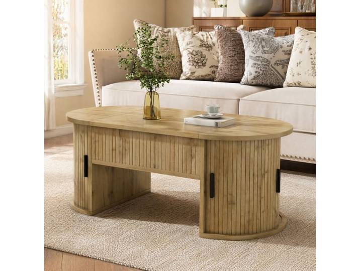 Table basse - ZEVKOR - Table Basse Relevable Ovale - Relevable - 2 portes coulissantes - Aspect chêne