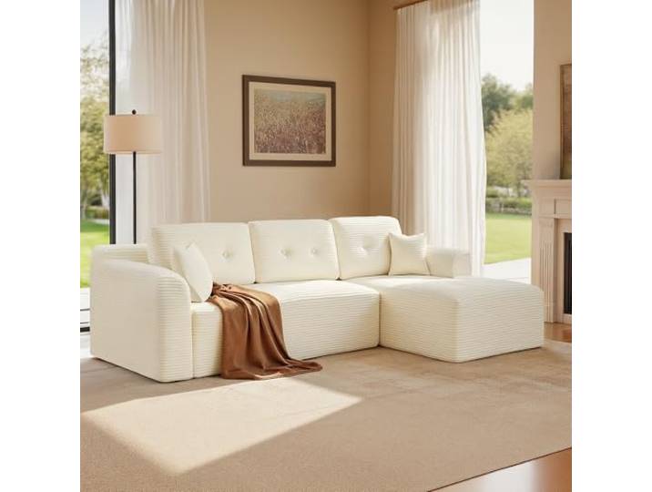 VASAGLE Ecksofa, Keine Montage erforderlich, modulares Sofa, 244 cm breit Schlafsofa, vakuumverpackt, mit großer Chaiselongue rechts, für Wohnzimmer, cremeweiß, LCS184WD01