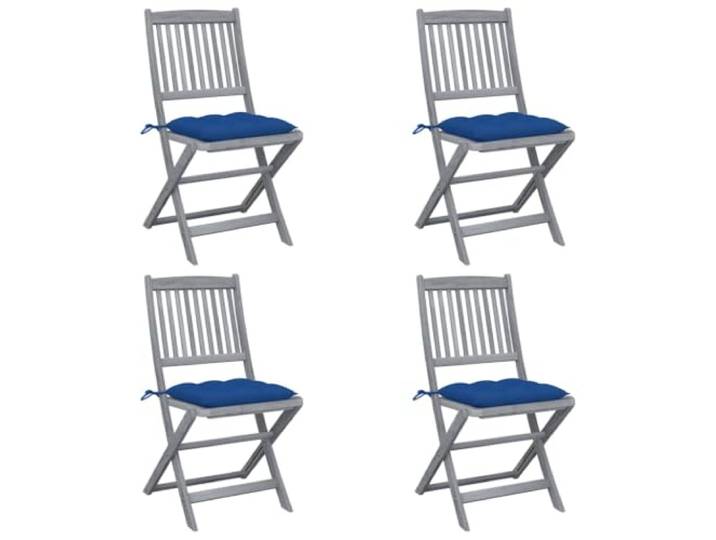 GHVBNMF Klappbare Gartenstühle 4er Set mit Kissen Akazie Massivholz Wetterfeste Holzstühle für Terrasse und Balkon. Inklusive blauer Sitzauflagen mit Bindebändern für maximalen Komfort.