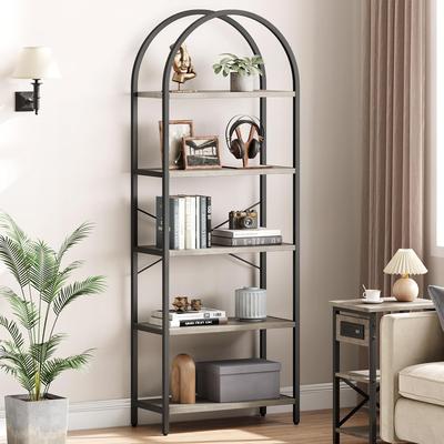 Garvee 5-Tier Arched Gold & White Marble Effect Metal Frame Bookshelf, Grey