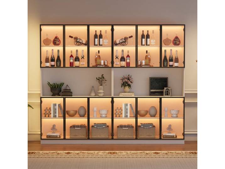 Vitrine en verre avec LED - 240x34x200 cm - 12 portes - Blanc - MDF + Verre - Éclairage LED - Contrôle par application