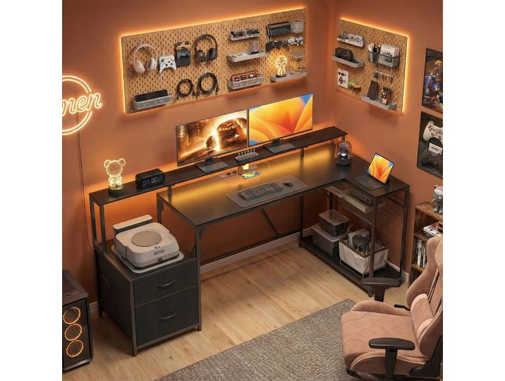 HOMCOM Bureau Gaming d'Angle LED Hub Recharge Bois/Acier Noir