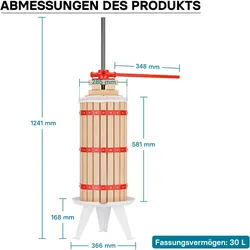 Wiltec Obstpresse 30L mit 3x Presstuch Maischepresse Weinpresse Saftpresse, Entsafter, Rot, Braun