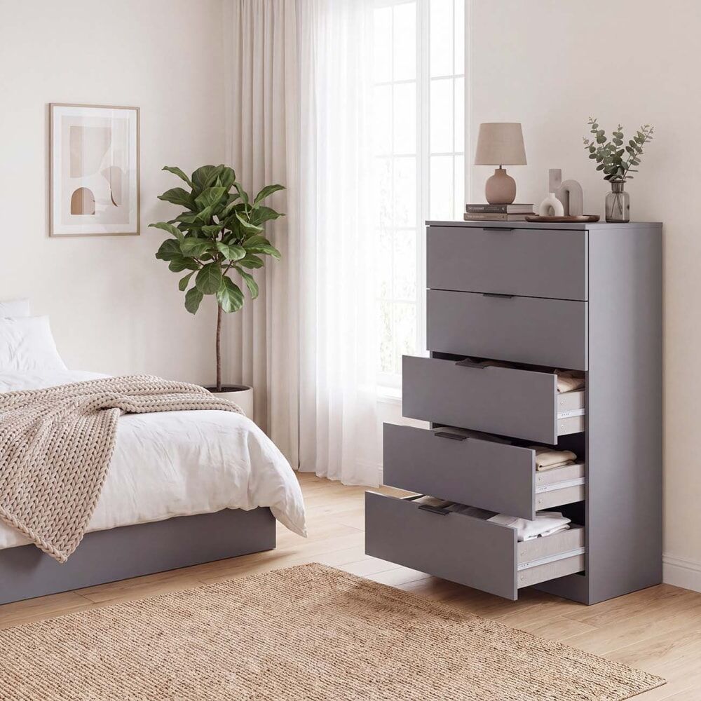 duehome Cómoda alta de 5 cajones 60x110 cm melamina gris grafito