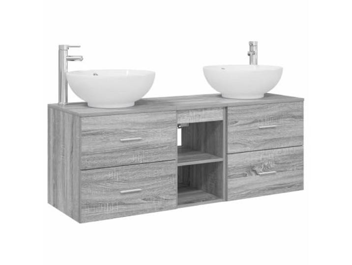 WEMYUFURN Badezimmermöbel-Set 3 STK. Grau Sonoma 49,5 x 44,5 x 65 cm Wandmontiertes Waschbecken, Schubladensystem, Schrank mit Regalen, Holzwerkstoff, silberne Griffe, anpassbare Platzierung