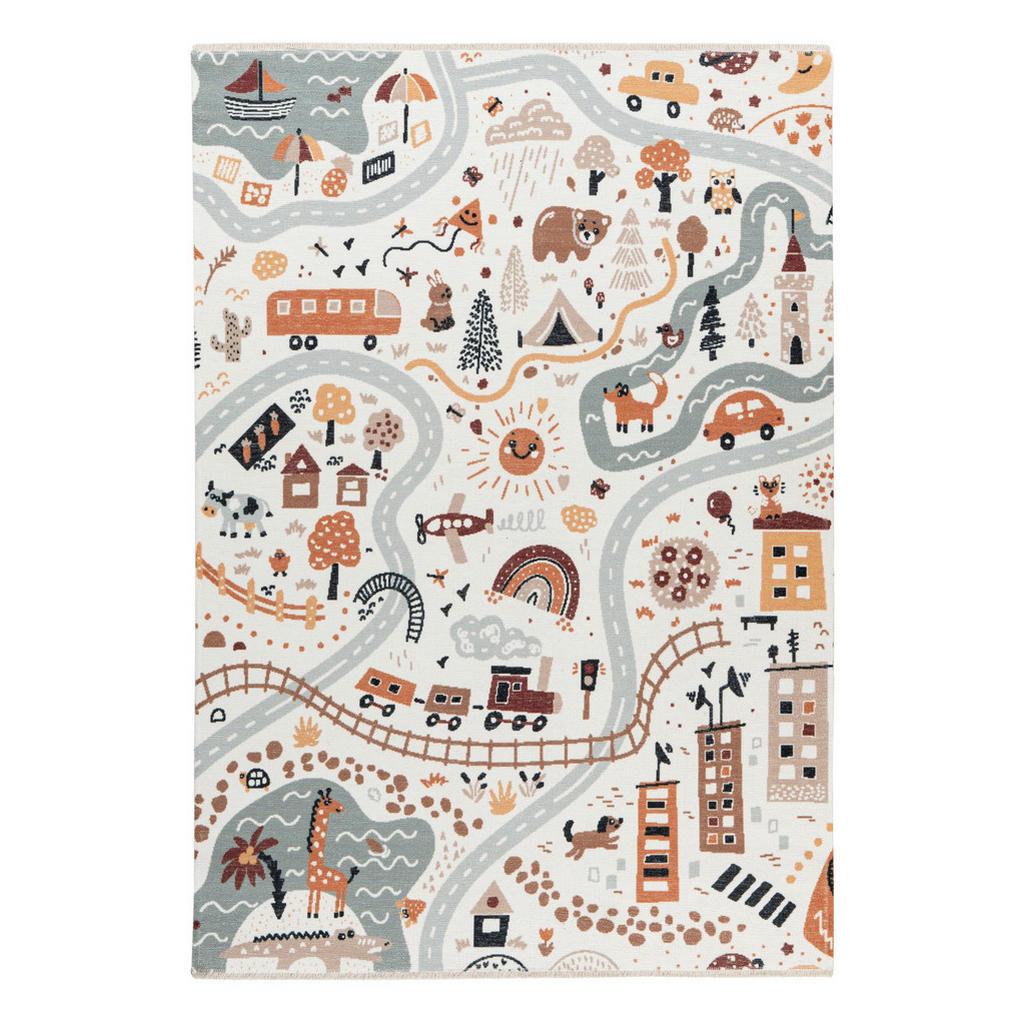 Spielteppich , Mehrfarbig , Textil , Fahrzeuge , rechteckig , 155x230 cm , Oeko-Tex® Standard 100, Global Recycled Standard (Grs) , für Fussbodenheizung geeignet, lichtunempfindlich, waschbar, pflegeleicht, leicht zusammenrollbar, rutschfeste Unterfläche , Teppiche & Böden, Teppich, Waschbarer Teppich