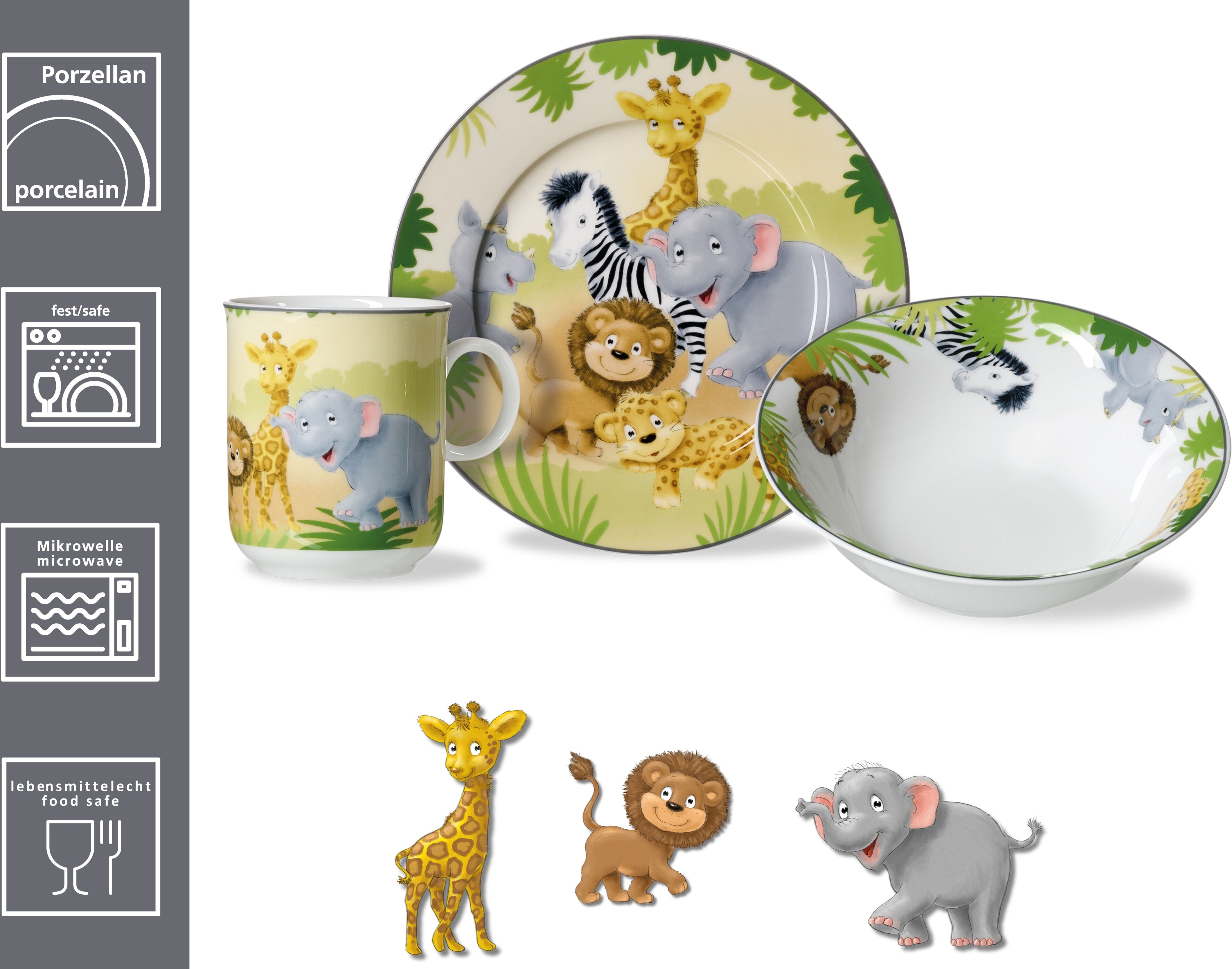 Kindergeschirr-Set RITZENHOFF & BREKER "Afrikatiere", bunt, 3 Stk., Porzellan, Geschirr-Sets, Kindergeschirr-Set, in Geschenkverpackung bunt 3 Stk.