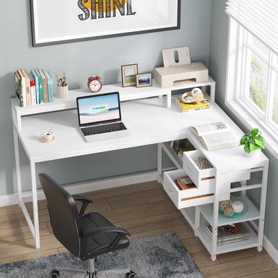 YUZHOU L Shaped Desk with Drawer, Home Office Corner Desk with Storage Shelves and Monitor Stand, Rustic PC Desk for Small Space
