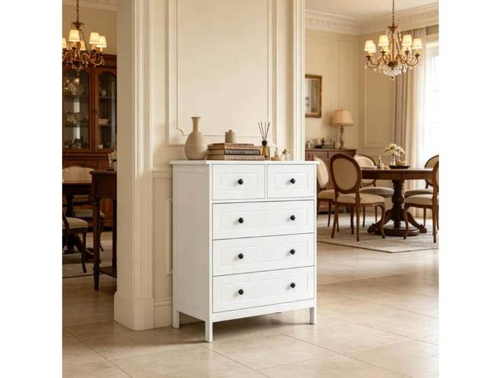 Commode blanche – 5 tiroirs – MDF et panneaux de particules – Design moderne