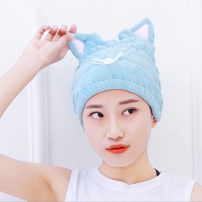 Everyday Crate Coral Fleece Hair Drying Cap With Cat Ears Quick Dry Hair Towel For Women Soft Absorbent Shower Cap blue