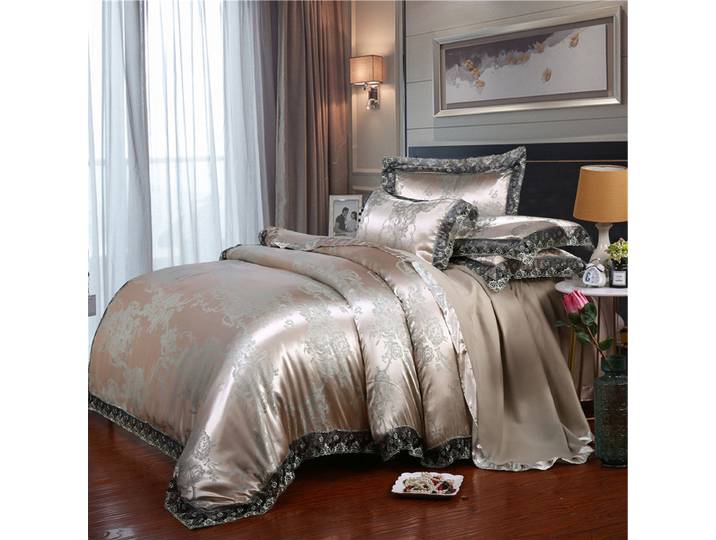 Parure de lit de luxe classique européenne 4 pièces en jacquard Tencel Modal avec housse de couette et taies d'oreiller en dentelle pour lit King et Queen
