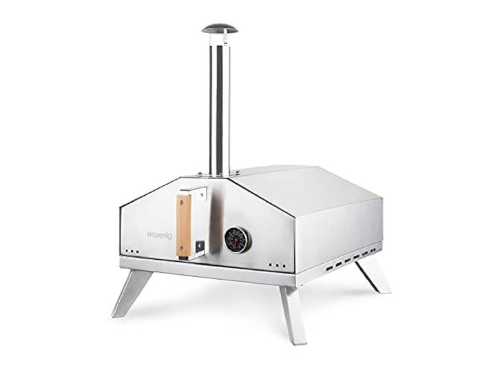 H.Koenig Gas-Pizzaofen GINO440, Edelstahl, Grundfläche 30,5x30,5 cm, Pizzastein aus Cordierit, bis 450°C, Tür und Kamin abnehmbar, Integriertes Thermometer, Integrierte Pizzaschaufel