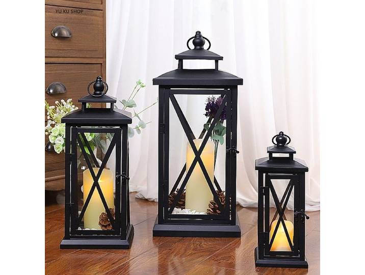 Bougeoirs en verre de lanterne coupe-vent, grands bougeoirs en métal, design moderne de mariage noir, marocain ci-après, décoration d'intérieur