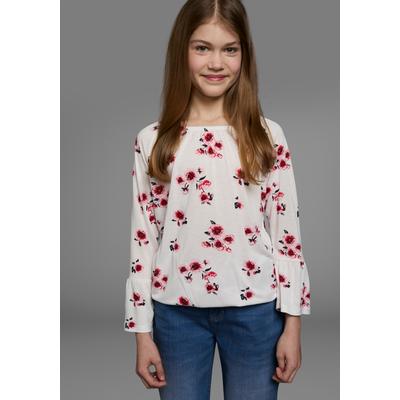 Carmenshirt KIDSWORLD "Viskose-Shirt", Mädchen, Gr. 164/170, bunt (weiß geblümt), Jersey, , bedruckt, geblümt, weit hüftlang, Carmenausschnitt, Shirts, weite Passform, mit Blumenmuster und Aufdruck, Carmenausschnitt