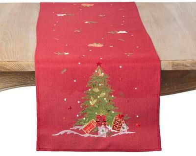 Saro Embroidered Christmas Tree Table Runner - Christmas Dining, Winter Entertaining, Seasonal Decor, and Holiday Tablescapes