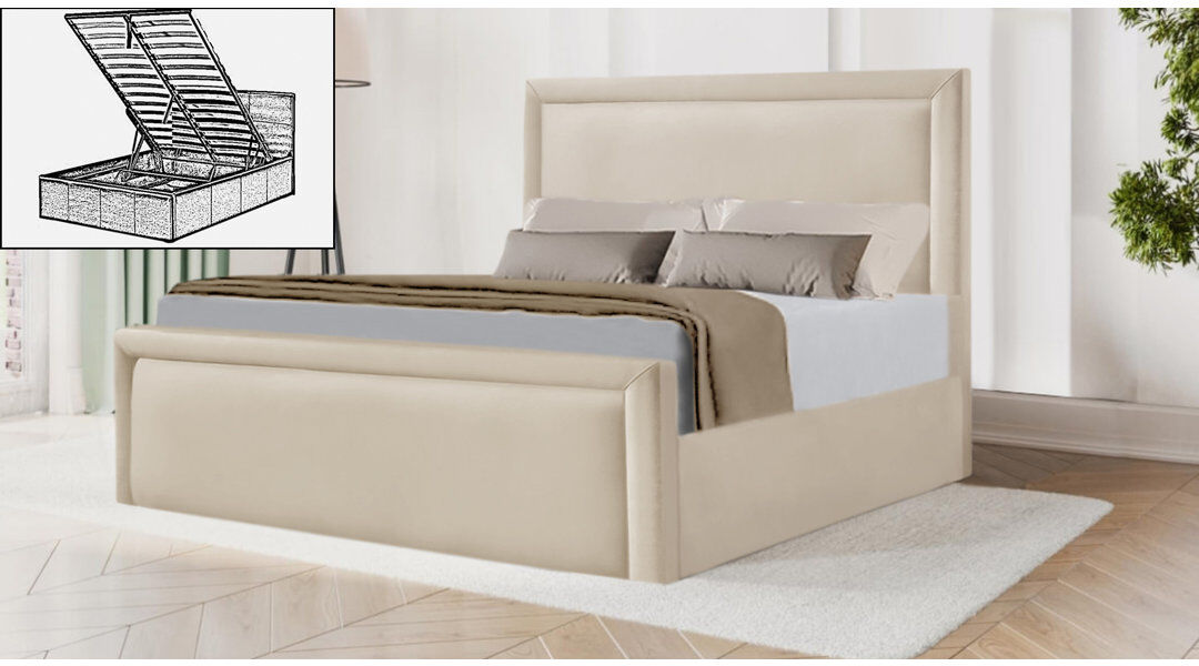 Brayden Studio Milan Upholstered Velvet Lift Up Storage Ottoman Bed Cream Double (4'6)