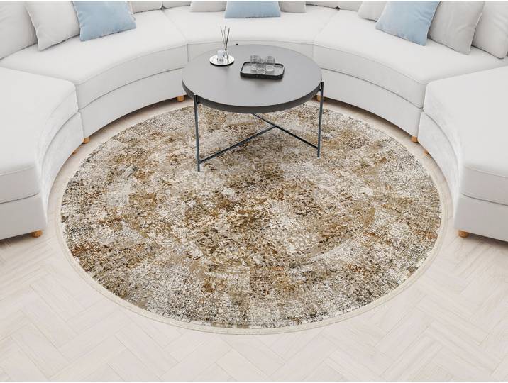 Teppich OCI DIE TEPPICHMARKE BESTELLER CAVA, auch als Läufer und in Rund , beige, mix, H:8mm Ø:240cm, Viskose, Teppiche, Teppich, Glanz Viskose, mit Fransen, Hoch Tief Struktur, Vintage, Wohnzimmer