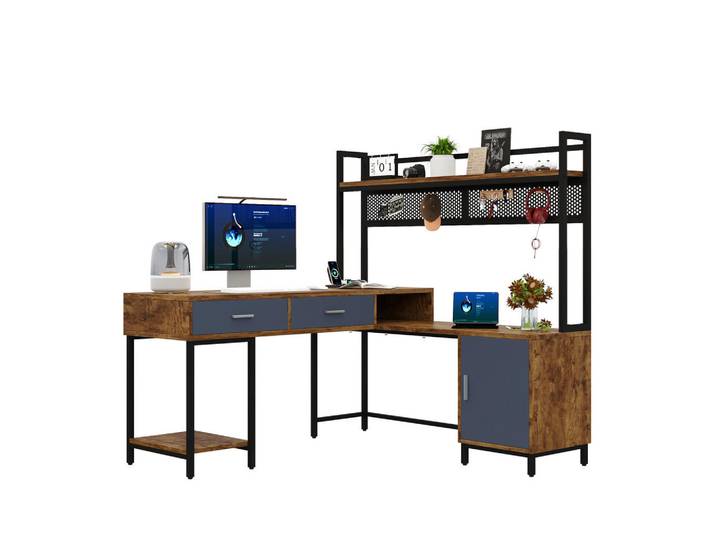 Gisaae Computertisch 140x140 L-förmiger Schreibtisch mit Schubladen, Schwarz, 140x135x140 cm, Büromöbel, Schreibtische, Computertische