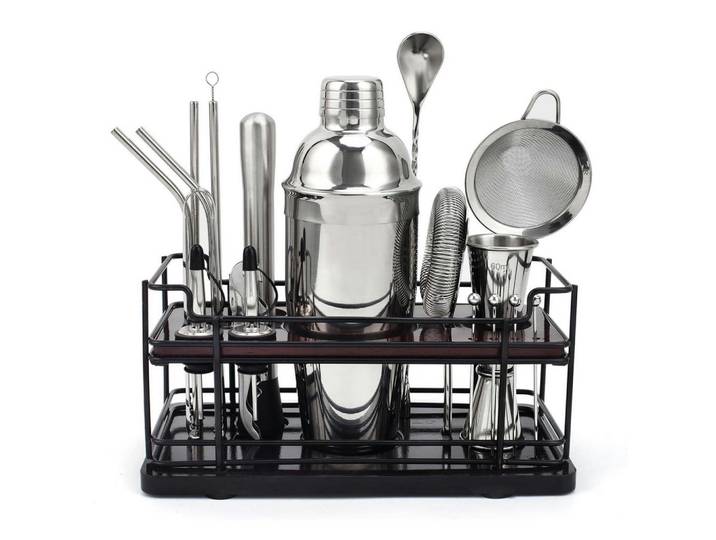 Cocktail Shaker Set 20-teilig Edelstahl 750 ml mit Ständer, Silberfarben, Metall, 25x15x30 cm, Barzubehör & Weinzubehör, Barzubehör