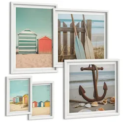 BILDER SET 5er Set - 50x50 cm & 20x30 cm & 40x60 cm Weißer Rahmen - Bunte Häuser, Strand, Sonne