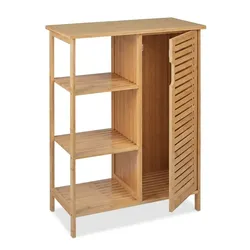 Relaxdays Badschrank Bambus, 3 offene Ablagen & Schrankfach, HBT: 87,5 x 67 x 33 cm, stehendes Badregal mit Tür, natur