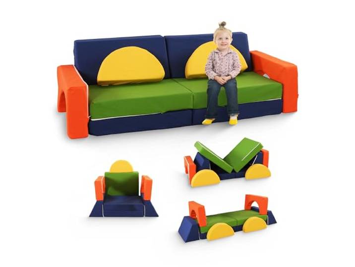 MKS Spielsofa Kindersofa aus Schaumstoff Bausteine - für Kinder & Kuschelecke im Kinderzimmer Bestehend aus 10 Teilen für den Schlafbereich und das Spielzimmer (Bunt)