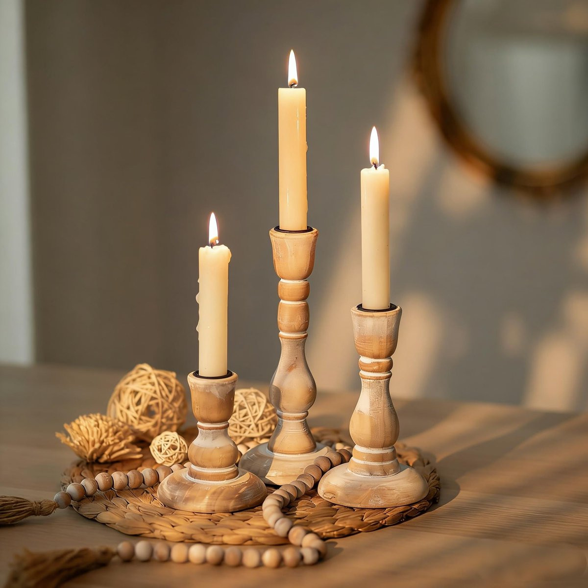 Omgoods Set van 3 Houten Kaarsenhouders in Vintage Stijl