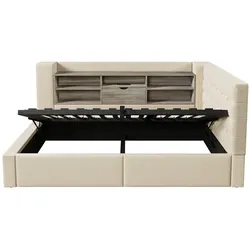 STILVORA Polsterbett aus Leinenstoff, Beige, 90x200 cm, mit LED, Stauraum und Matratze