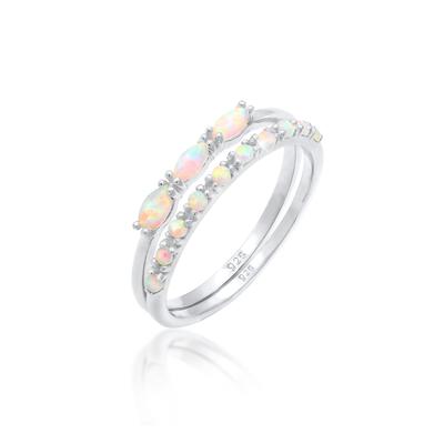 Ring-Set ELLI "Ring Vintage Cabochon Opal 2er-Set 925 Sterling Silber vergoldet" Gr. 52, silber, Fingerringe, Damen, 52,mit Stein, Silber 925 (Sterlingsilber), 13mm