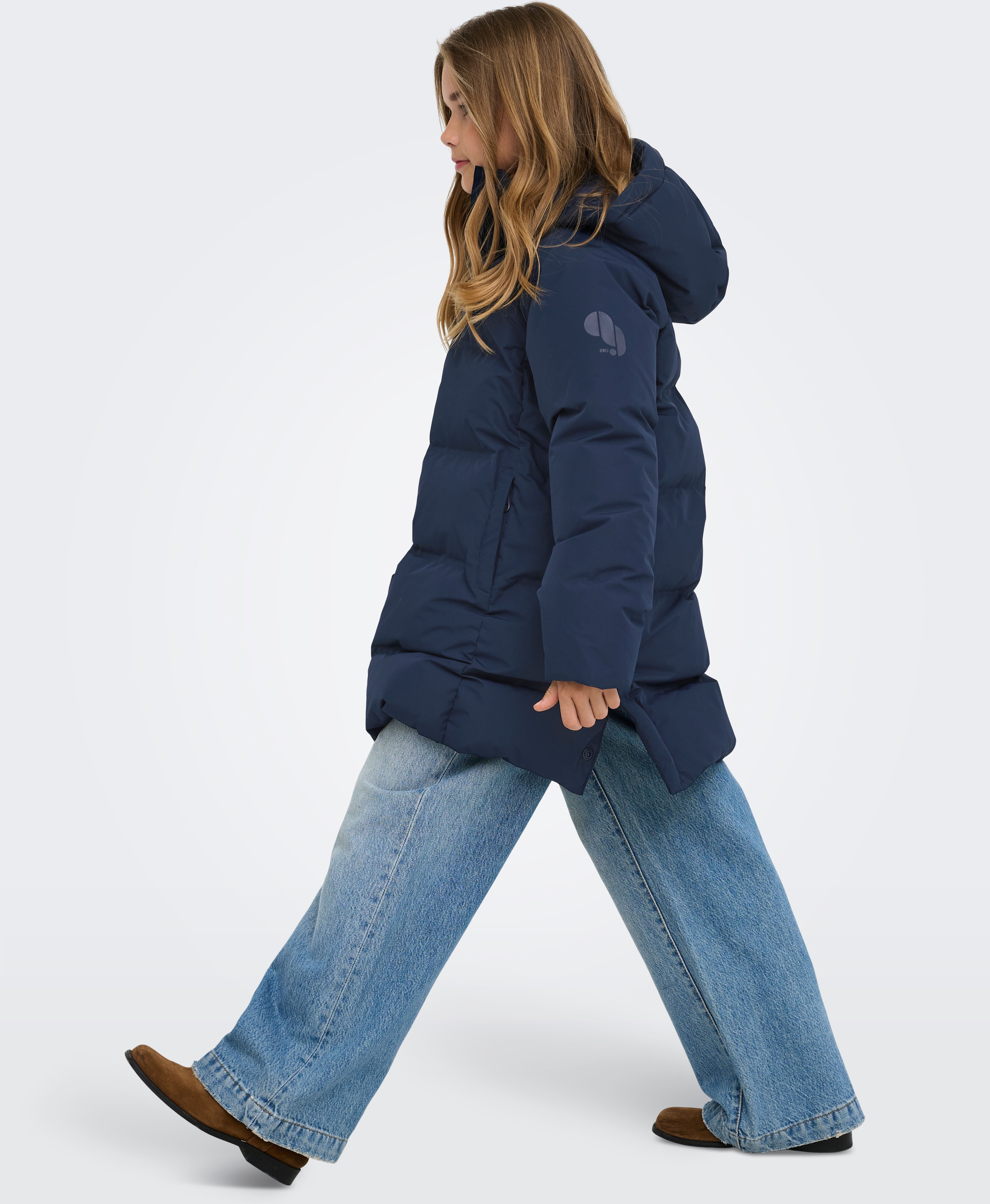 Steppjacke KIDS ONLY "KOGELLIE FUNTIONAL HOOD LONG JACKET OTW", Mädchen, Gr. 152, blau (navy blazer), Web, Obermaterial: 100% Polyester, unifarben, Basic kniefrei, Rippbündchen, Jacken Steppjacke navy blazer 152