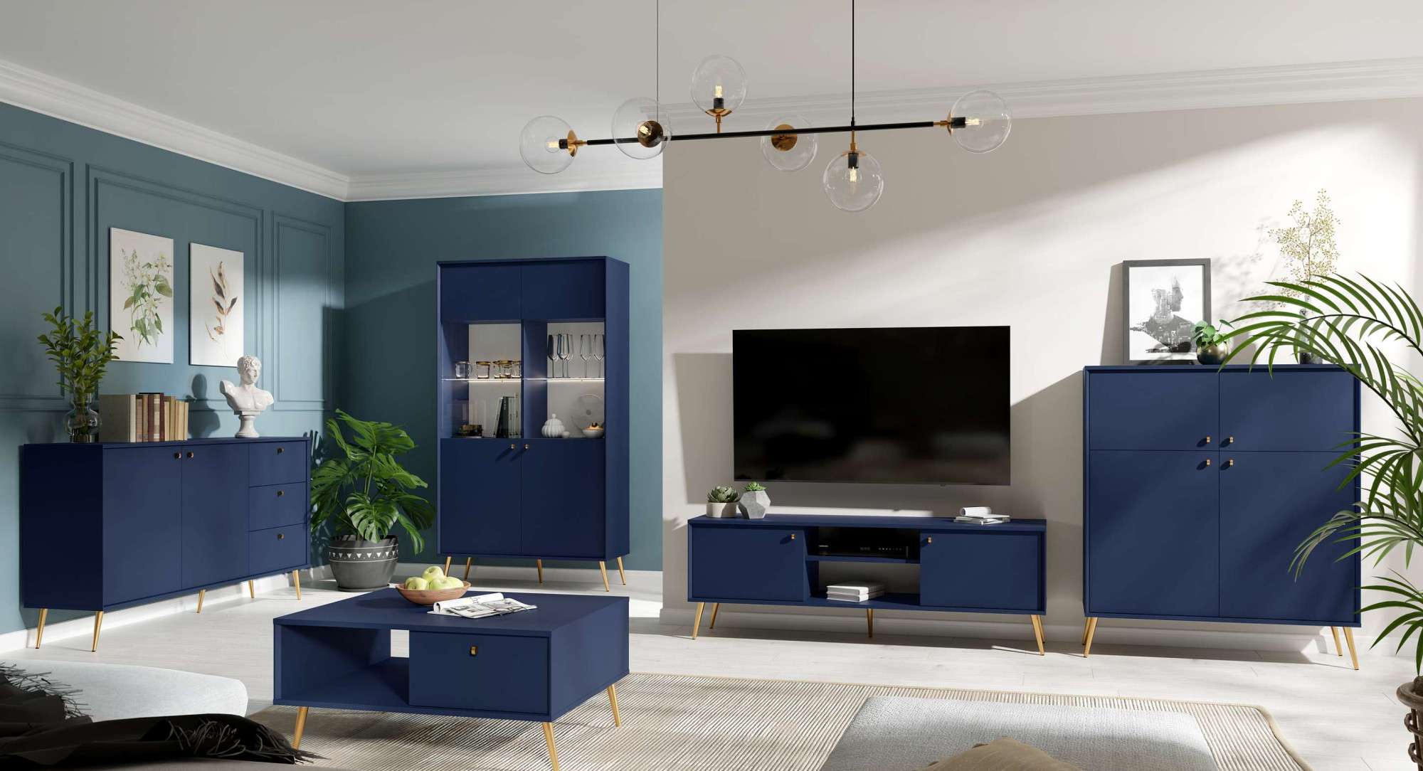 Kommode HOME AFFAIRE "ROMILDA Sideboard mit 3 Schubladen und 2 Türen, B/T/H: 156/40,5/89 cm", dunkelblau, B:156,2cm H:89,2cm T:40,5cm, Melamin, Sideboards, Kommode, Kommode mit goldenen Griffen auf goldenen Füssen, viel Stauraum dunkelblau B/H/T: 156,2cm 