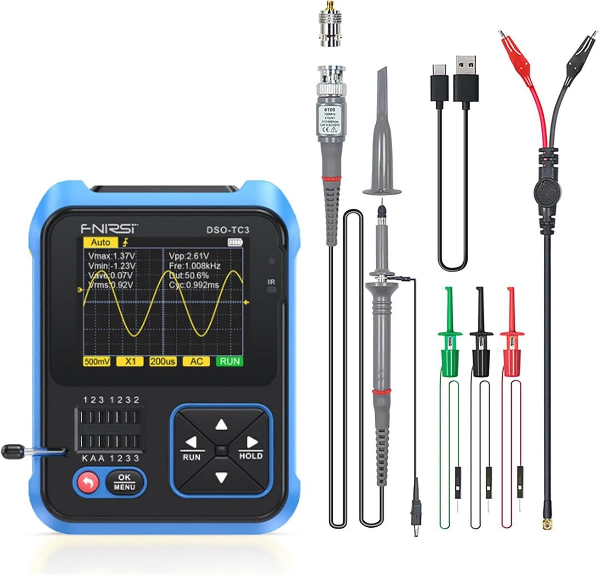 Draagbare 3-in-1 oscilloscoop met TFT-scherm, 200 kHz bandbreedte en 2,5 MS/S bemonsteringssnelheid, blauw
