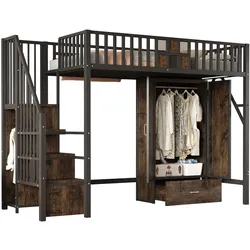 OKWISH Metall-Hochbett 90x200 mit Geländer, integrierter Leiter, Stauraum, Kleiderschrank, Schubladen, robuste Konstruktion, Schwarz