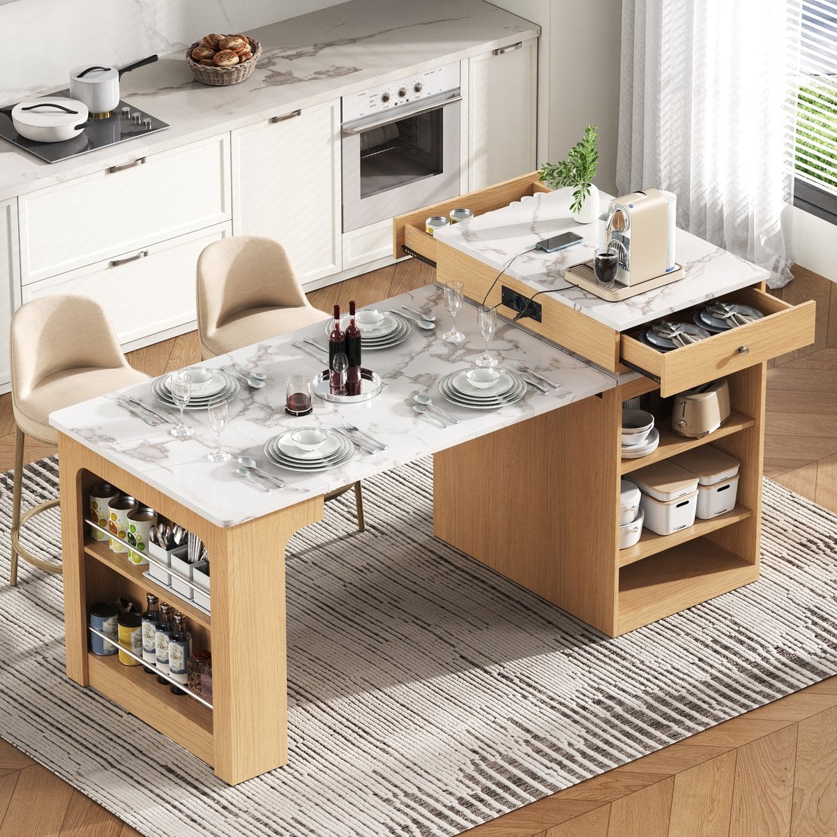 Wishdor Keukeneiland met uitschuifbare eettafel en stopcontacten - Modern - Naturel - MDF en Glas