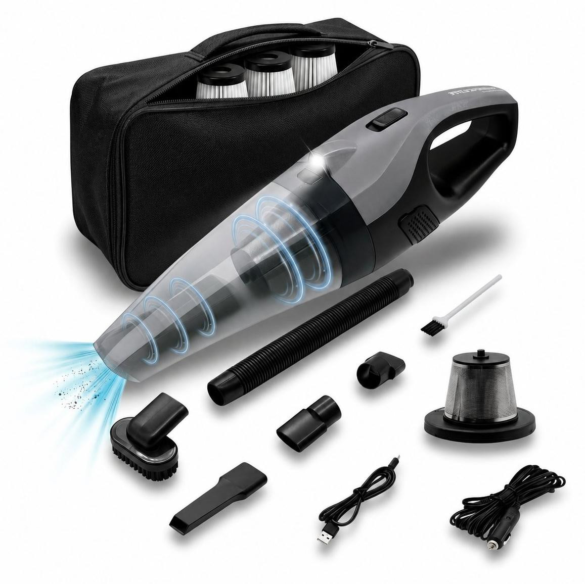 STAUS&BACH Kruimeldief met opbergtas en 3 HEPA-filters, Lichtgewicht snoerloze handstofzuiger voor auto, Zwart
