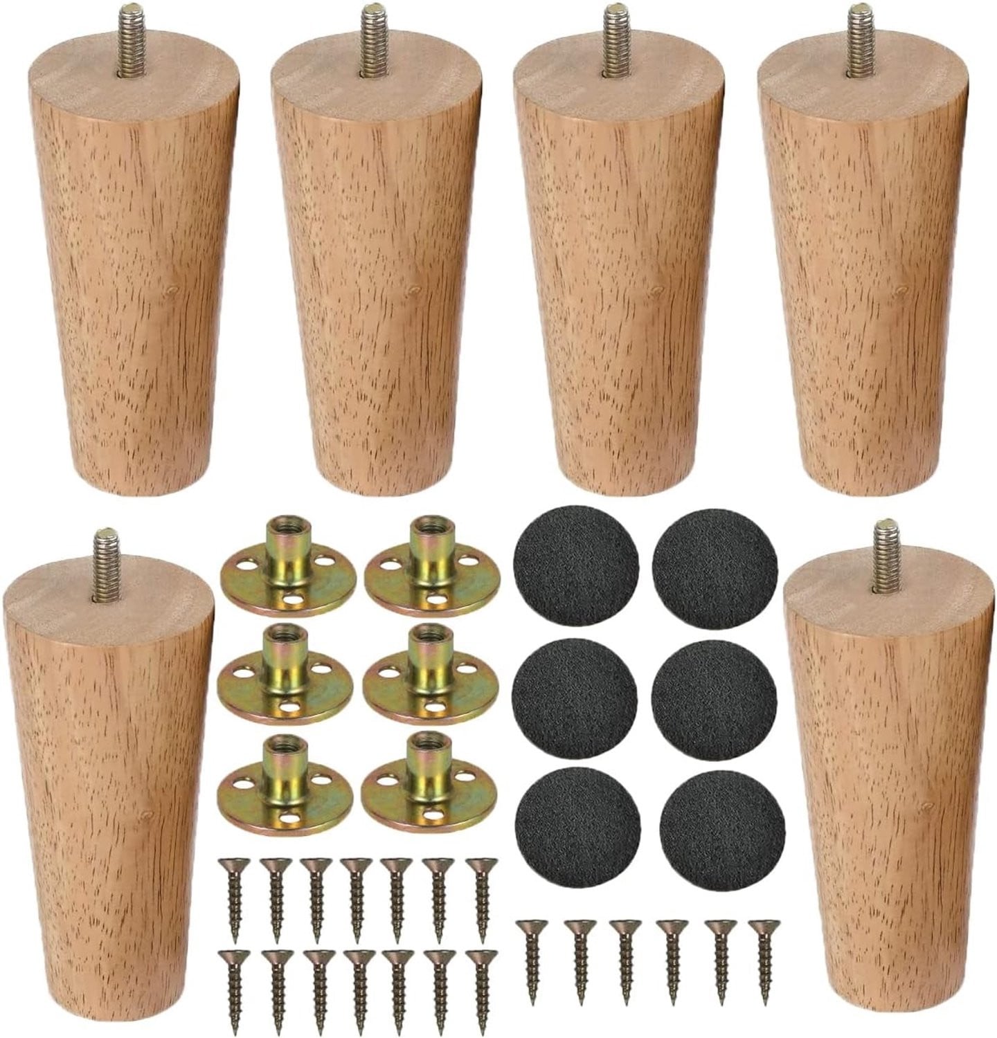 Set van 6 conische houten tafelpoten van 12 cm voor meubels, sofa en kast met rubberen voetjes