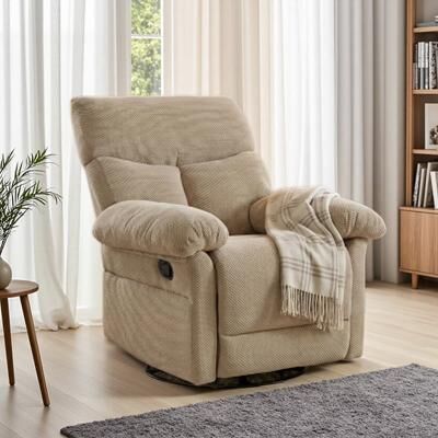 VIVIADORE Modern Fabric Swivel Rocker Recliner Chair, 360° Rotating Manual Armchair with Pull Tab, Adjustable Footrest, Padded Arms