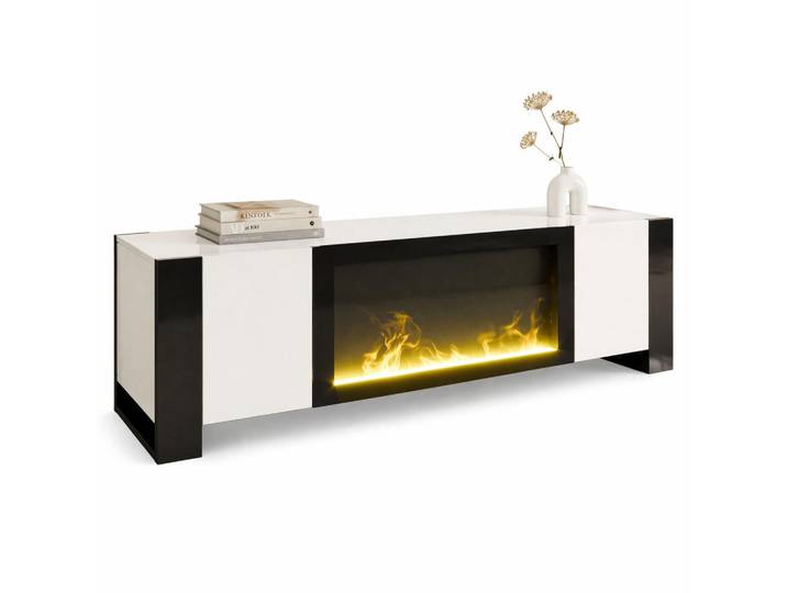 Stilvora Lowboard in Weiß und Schwarz TV-Schrank mit elektrischem Kamin Flammeneffekt für Wohnzimmer, B165/T32/H55 cm, Weiß, Schwarz, Metall, Rechteckig,Rechteckig, 165x55x32 cm, Wohnzimmer, TV Möbel, Lowboards, Lowboards stehend