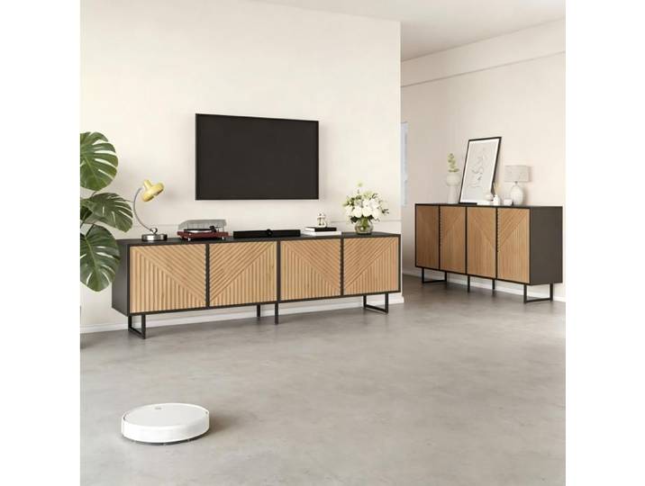 WUVRIE Ensemble meuble TV et buffet 4 portes bois naturel et noir panneaux de particules et métal 80 pouces