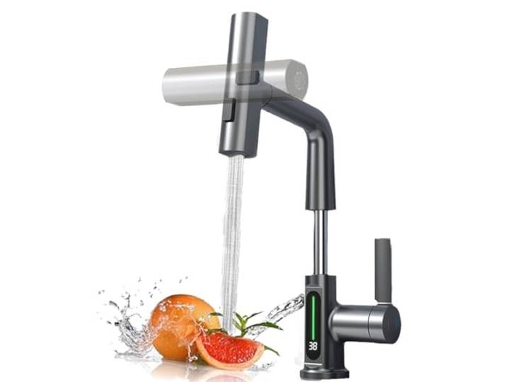 Wasserhahn Küche Ausziehbar mit LED Temperaturanzeige,3 Modus,Pistolengrau Küchenarmatur Wasserfall, Einhebel Mischbatterie 360° Drehbar Spültischarmatur Küche Armatur Hochdruck, Höhenverstellbar