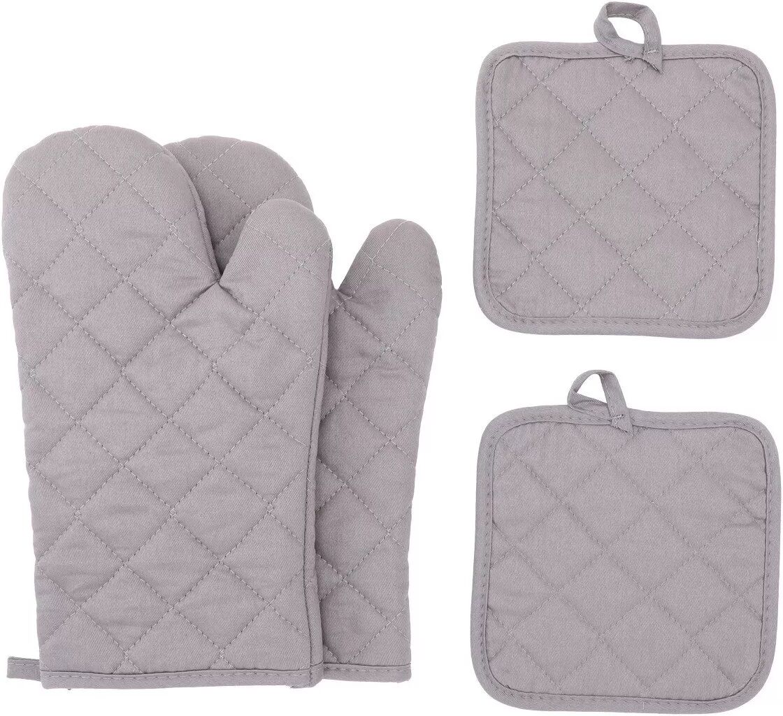 INF Baumwoll-Topflappen und Ofenhandschuhe Set - Hitzebeständige Backhandschuhe 4-teilig Grau