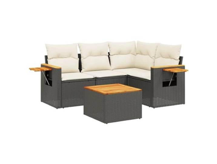 Makastle Poly Rattan Ecksofa-Garnitur 5-teilig Schwarz mit Cremweißen Kissen, Sitztiefe 55 cm, Sitzhöhe 37 cm, max. Tragfähigkeit 110 kg, Tisch 55 x 55 x 37 cm, 46,8 kg