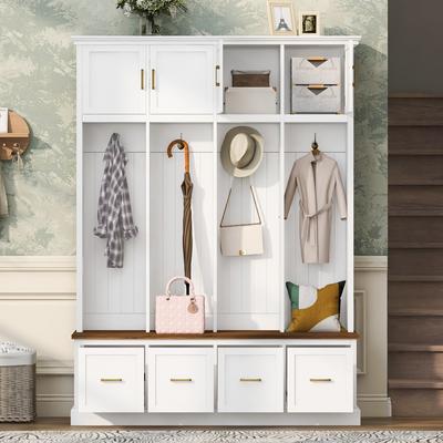 AISWORD Farmhouse Entryway Hall Tree with Coat Hooks, Cabinets, and Drawers