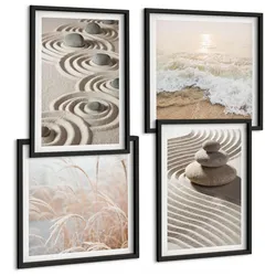 BILDER SET 4er Set - 50x50 cm & 40x60 cm Schwarzer Rahmen - Wellen, Sand, Wasser, Steine, Strand