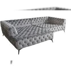 KAWOLA Sofa NARLA Ecksofa Chesterfield Stoff velvet silber Recamiere links