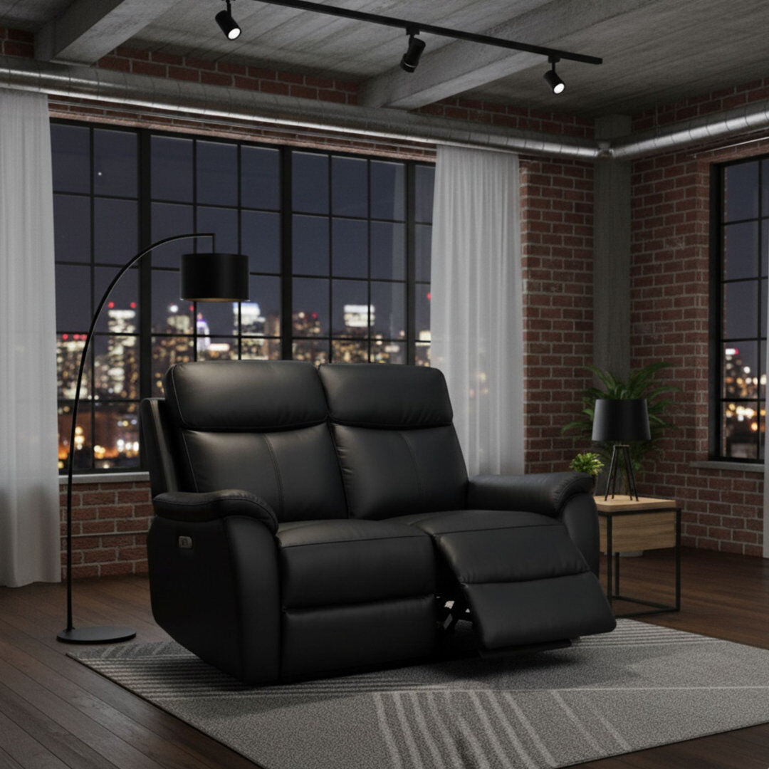 Latitude Run Windsor Powerglide Power Recliner Real Leather Sofa With USB Charging Black 2