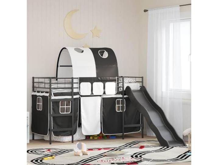 Stabiler Metallrahmen mit Vorhängen Bogen Design Hochbett Schwarz 90 x 190 Kinder-Etagenbett Schwarz 90x190 cm Metall Hochbett mit Rutsche Vorhang Stahl Rahmen Platzsparend